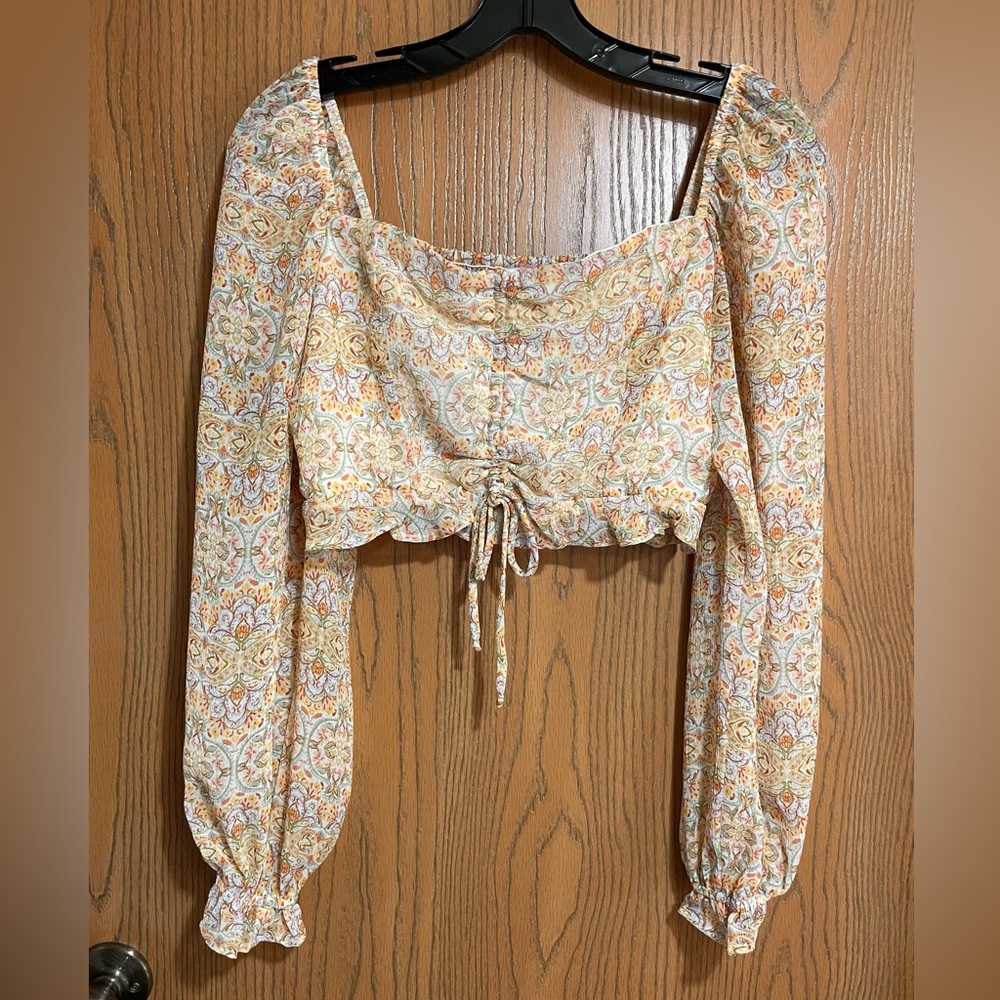 Floral Cropped Blouse with Smocked Back and Long Sleeves - Yellow, Blue, Orange - Picture 2 of 5